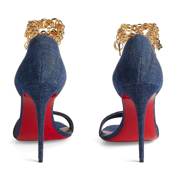 Christian Louboutin Women's Gourmi 100mm Denim Sandal with Gold Anklet size 40 - Picture 3 of 3